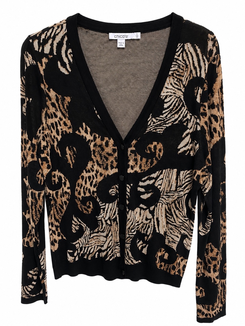 Chico's Black and Tan Animal-Print V-Neck Cardigan size M